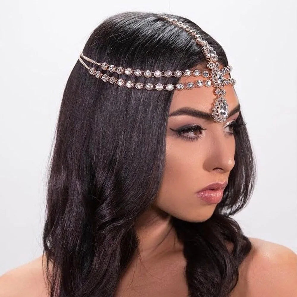 Blue Crystal Rhinestone Bridal Chain Hair Jewelry
