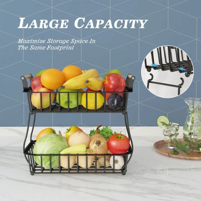 2-Tier Metal Storage Basket with Wooden Handles