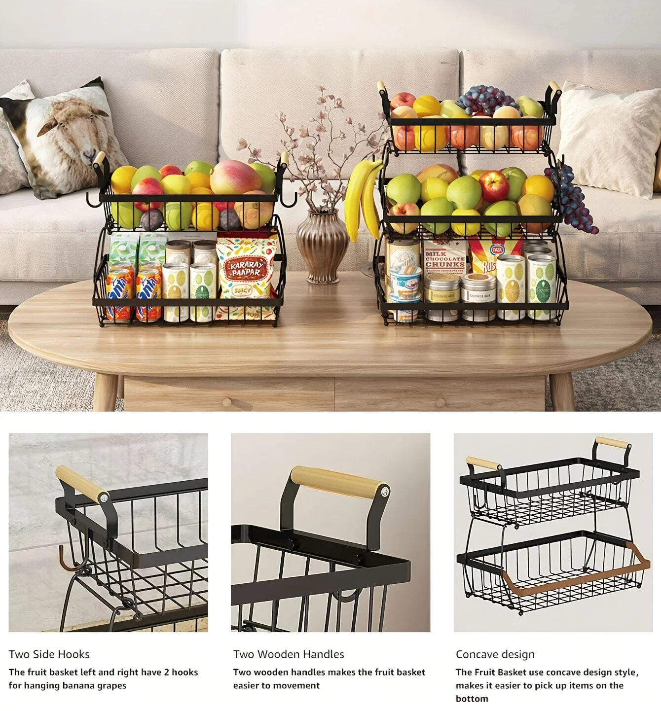 2-Tier Metal Storage Basket with Wooden Handles