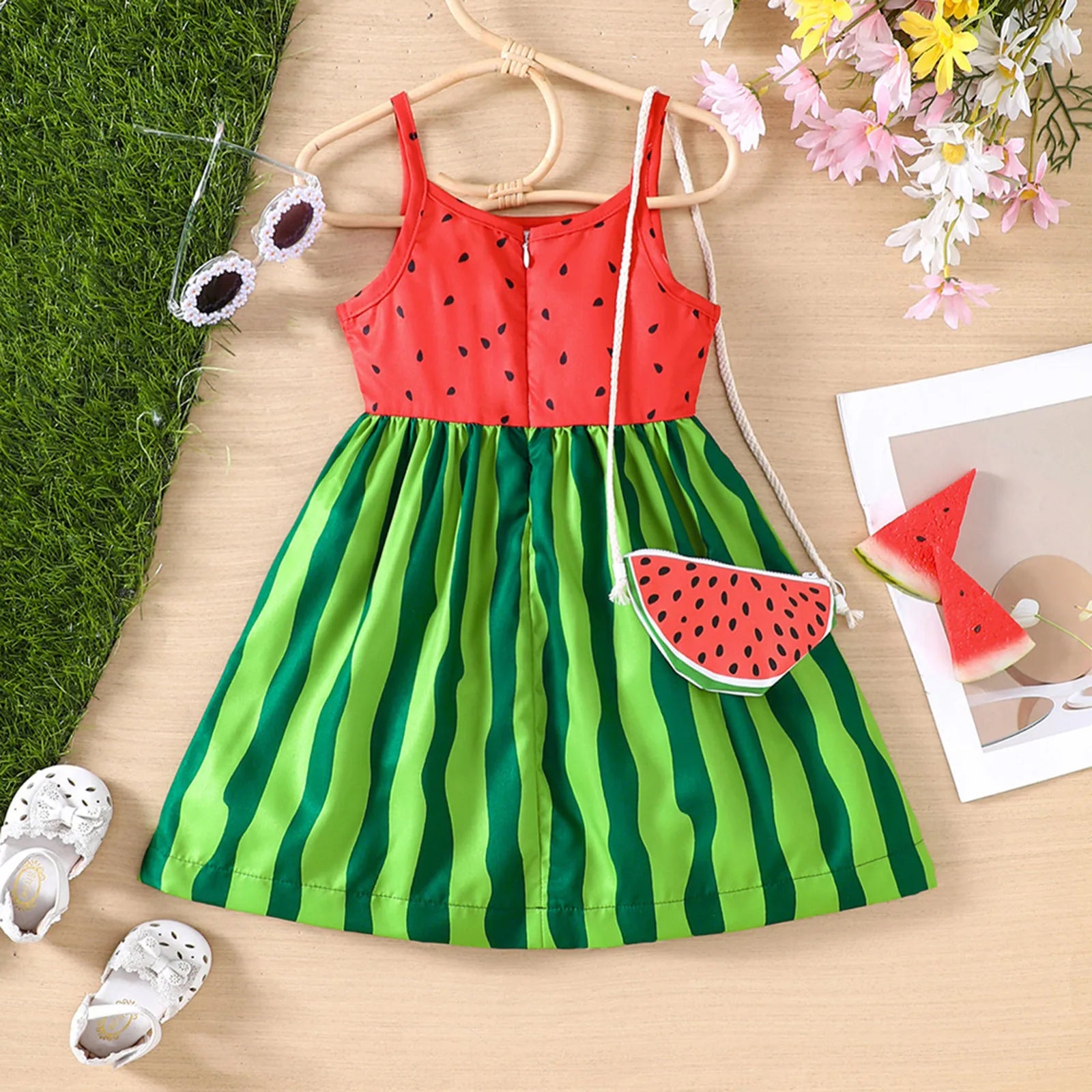 Girls Watermelon Print Dress and Bag Set