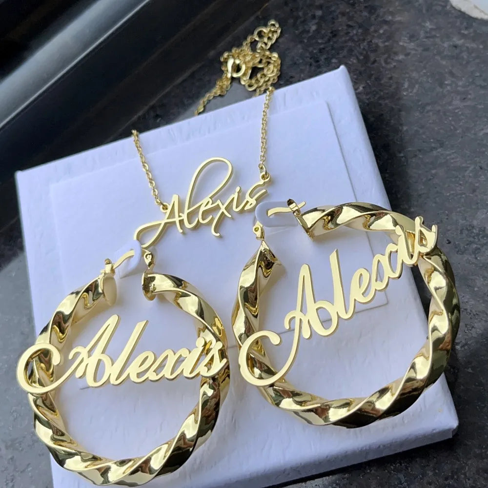 Personalized Necklace and Hoop Twist Earrings Set