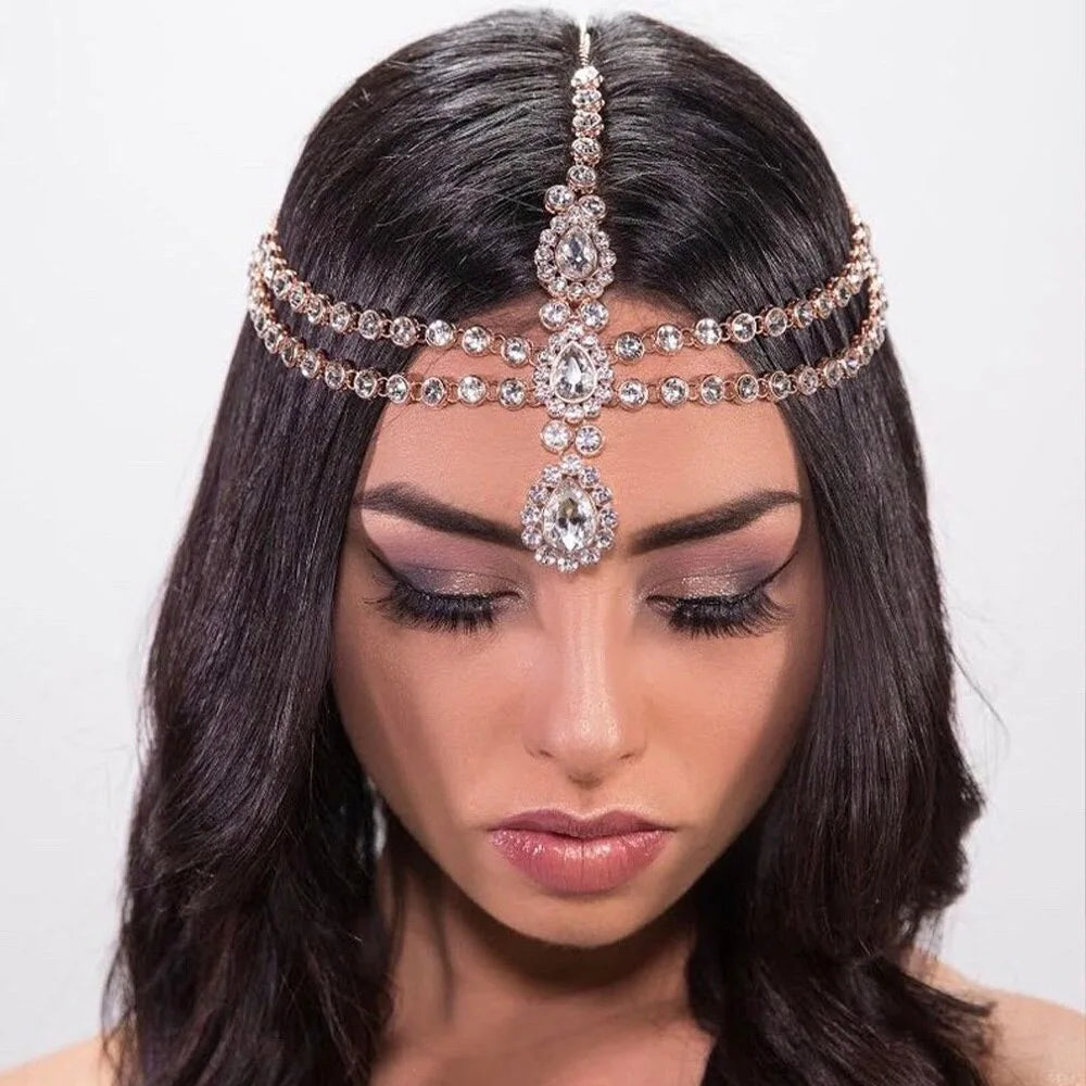 Blue Crystal Rhinestone Bridal Chain Hair Jewelry