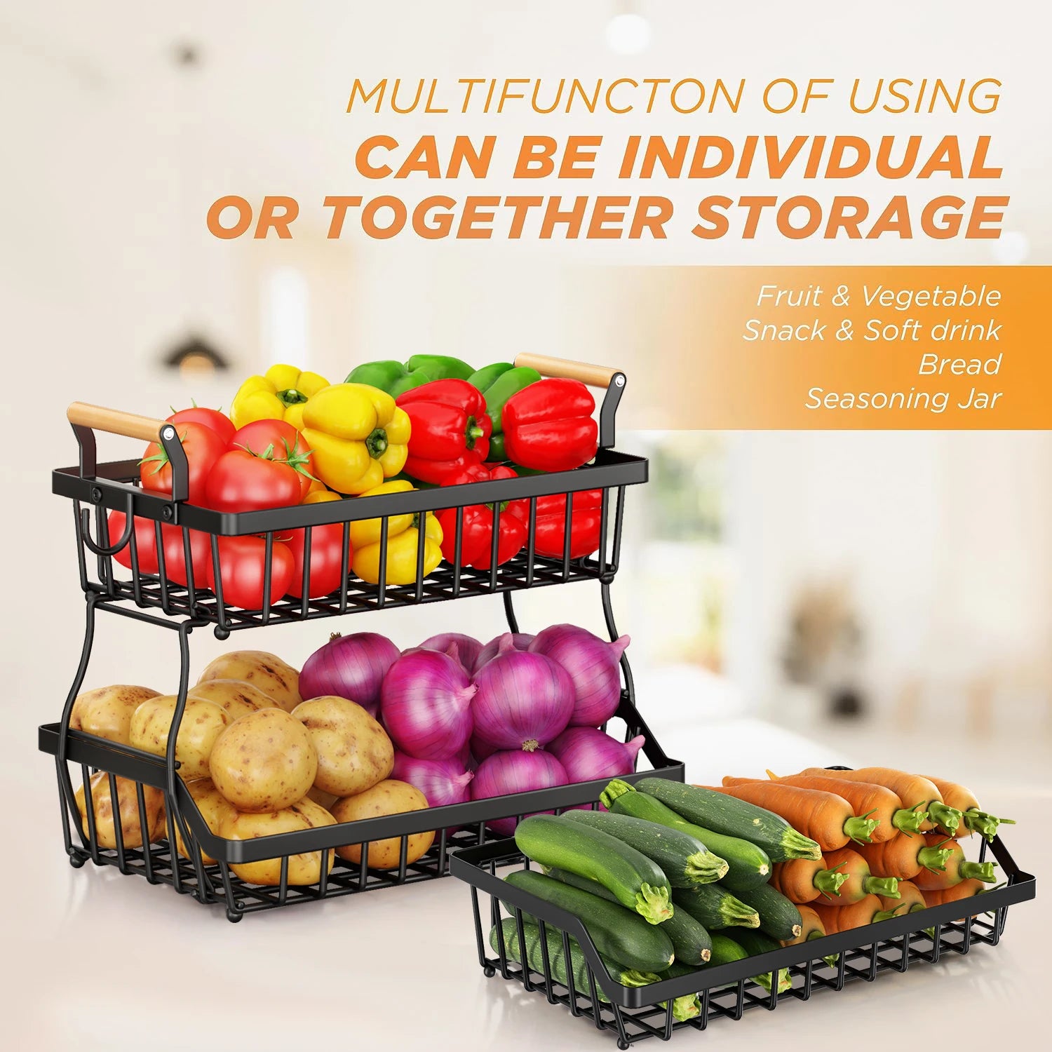 2-Tier Metal Storage Basket with Wooden Handles