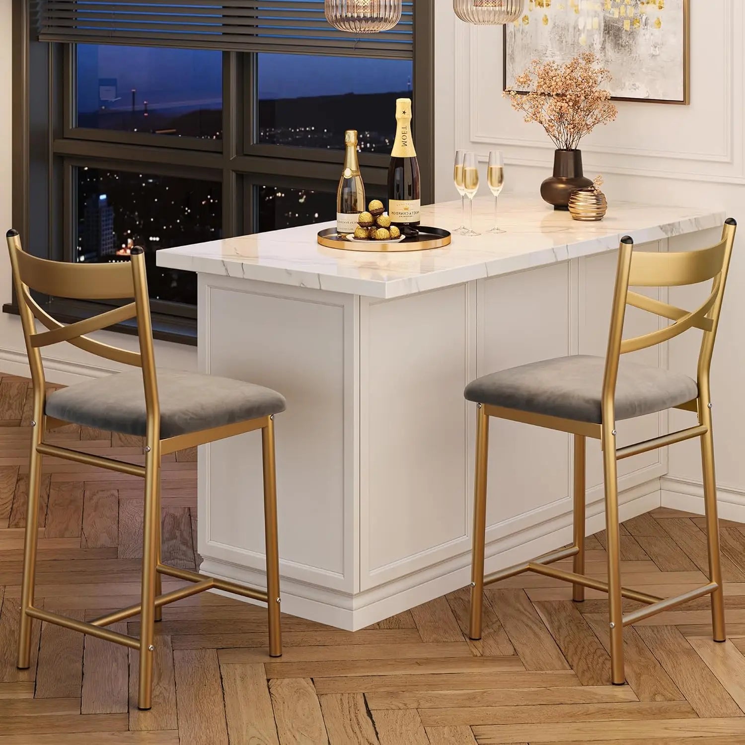 Gold Bar Stools W/X-Shaped Backrest