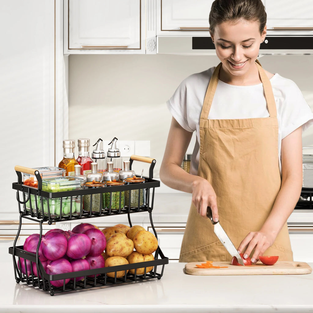 2-Tier Metal Storage Basket with Wooden Handles