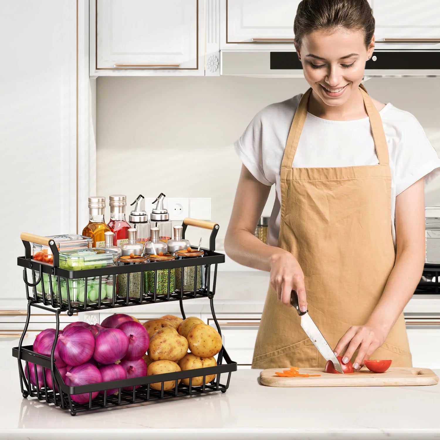 2-Tier Metal Storage Basket with Wooden Handles