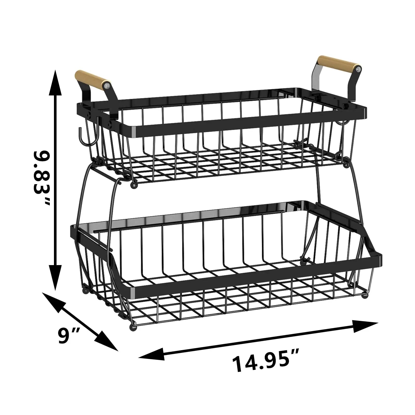2-Tier Metal Storage Basket with Wooden Handles