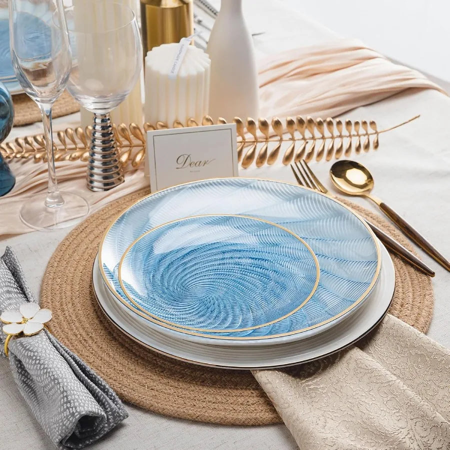 Blue Disposable Plates with Gold Rim