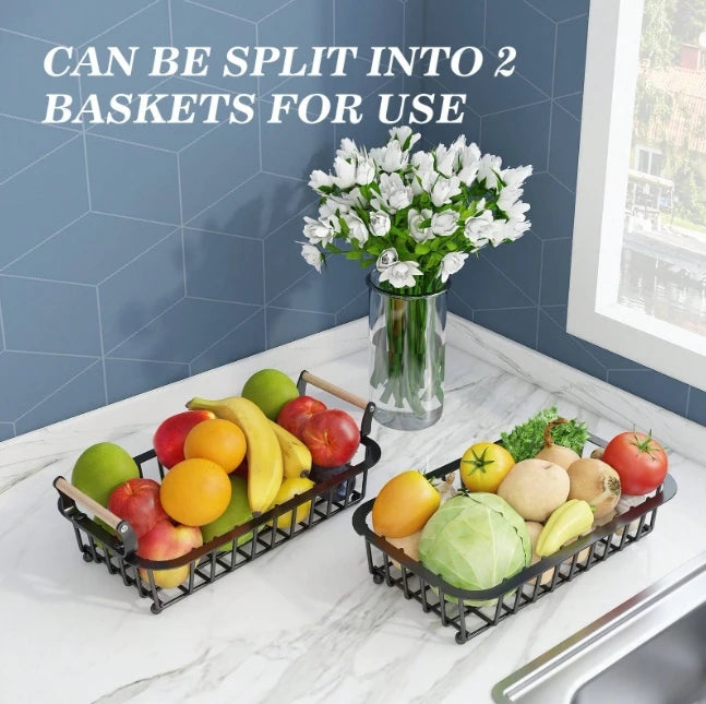 2-Tier Metal Storage Basket with Wooden Handles
