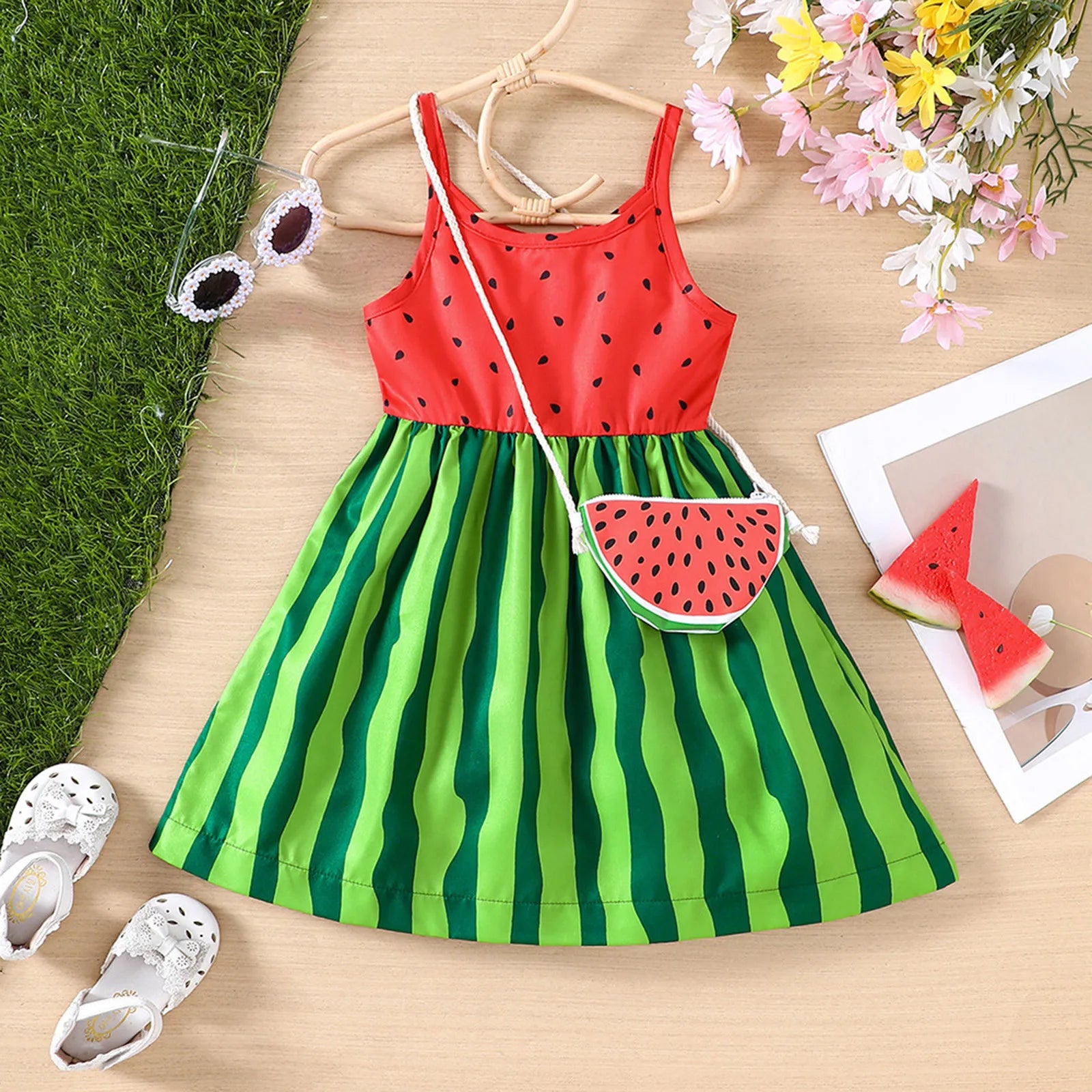 Girls Watermelon Print Dress and Bag Set