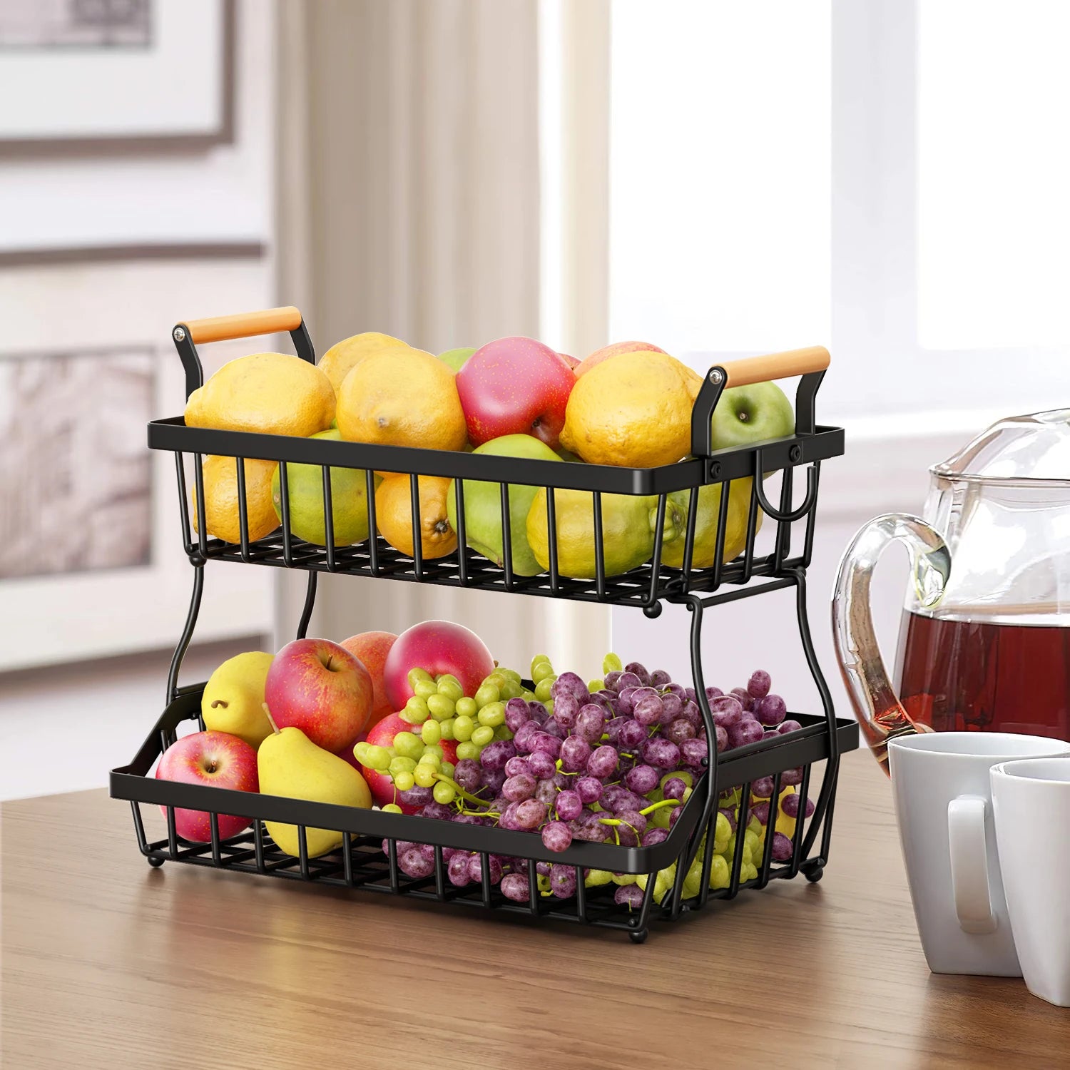 2-Tier Metal Storage Basket with Wooden Handles