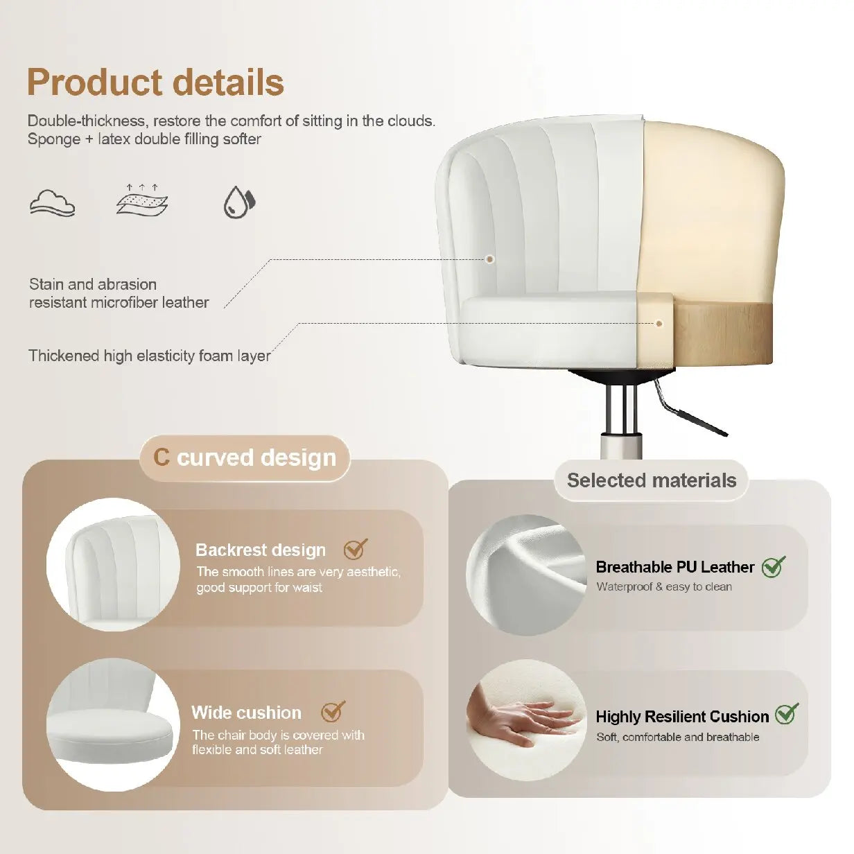 Round Rolling Armless Comfy Work Spa Chair