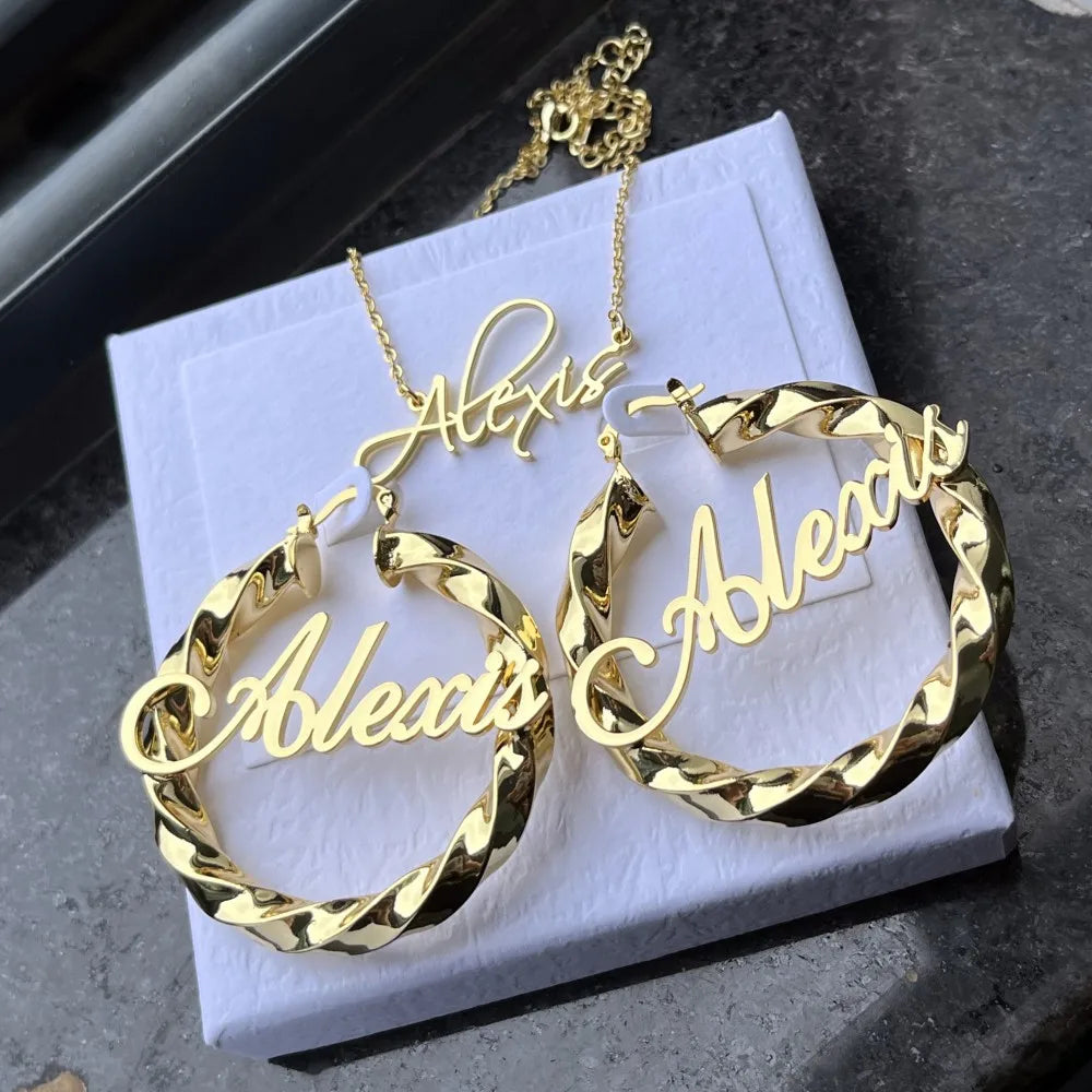 Personalized Necklace and Hoop Twist Earrings Set
