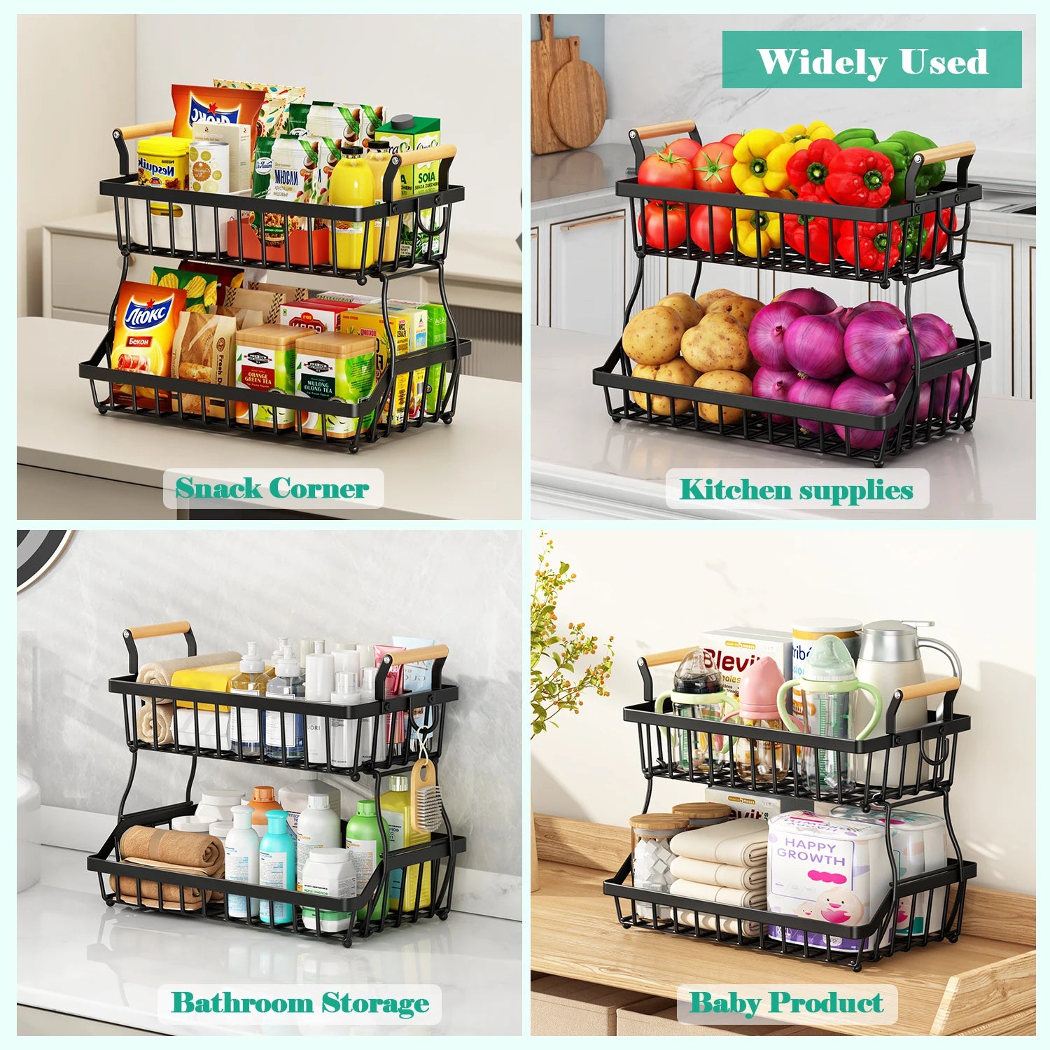2-Tier Metal Storage Basket with Wooden Handles