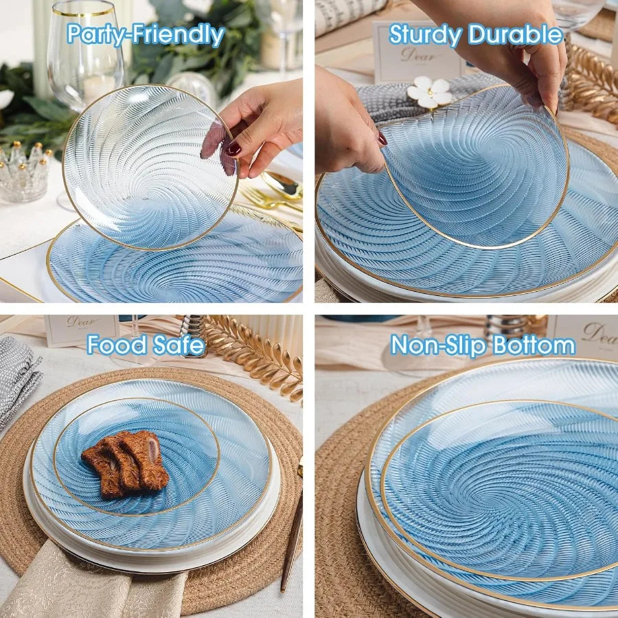 Blue Disposable Plates with Gold Rim