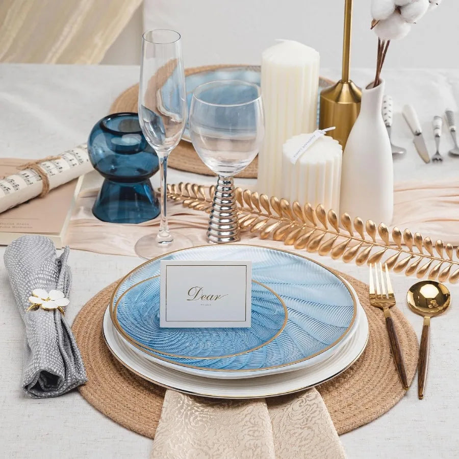 Blue Disposable Plates with Gold Rim